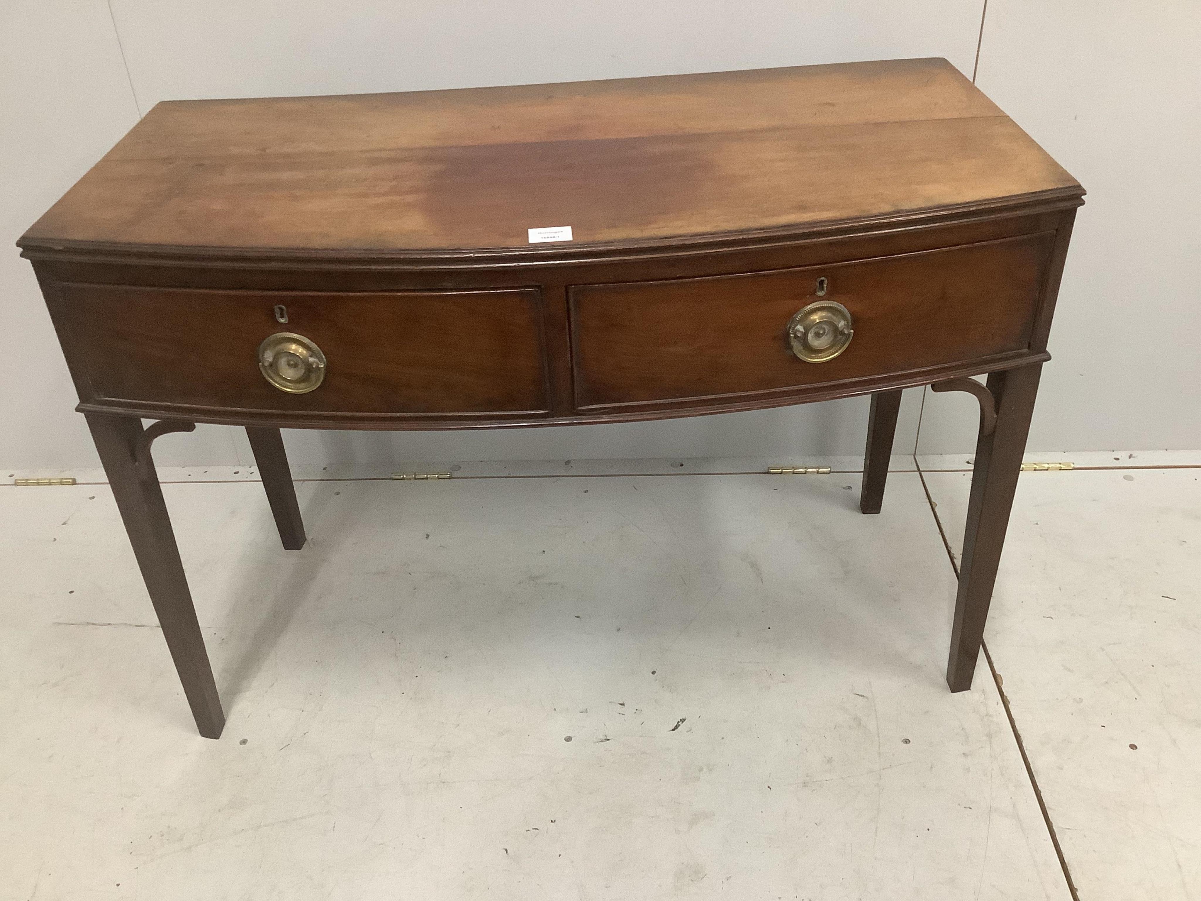 A George IV mahogany bowfront side table, width 103cm, depth 50cm, height 72cm. Condition - poor